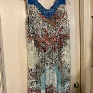 ONE WORLD Crochet V-Neck Paisley Maxi Dress in Blue and Coral